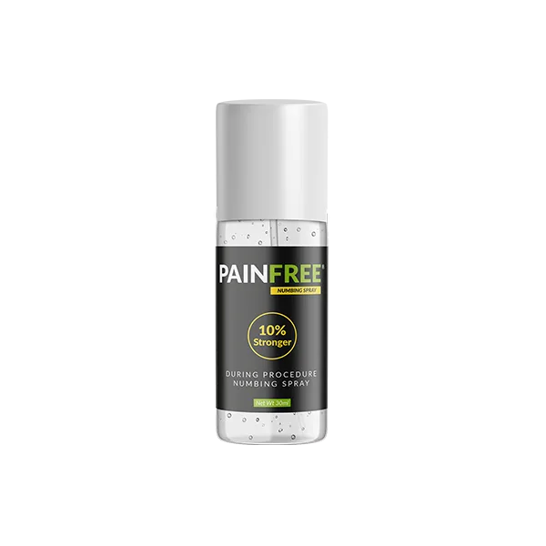 Painfree Numbing Spray i klar flaske med hvid pumpe og sort etiket